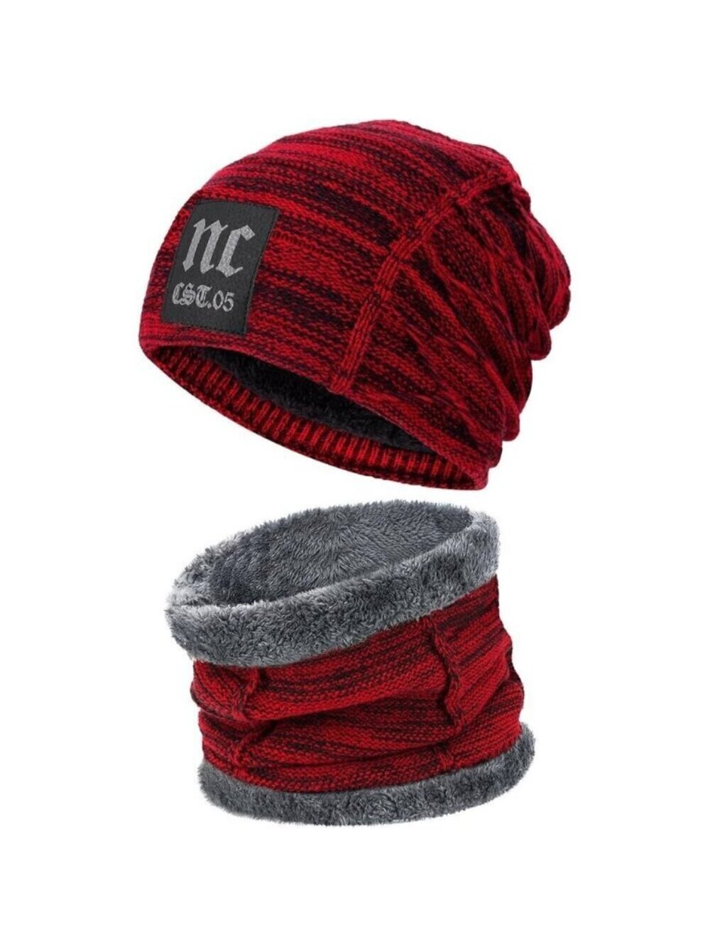 🆕 Men Red Fleece Lined Winter Cap Beanie Scarf Set Knit Neck Warmer Nice Hat